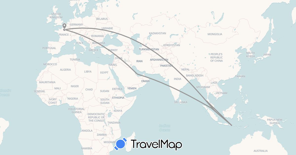 TravelMap itinerary: plane in France, Indonesia, Malaysia, Qatar, Singapore, Thailand (Asia, Europe)